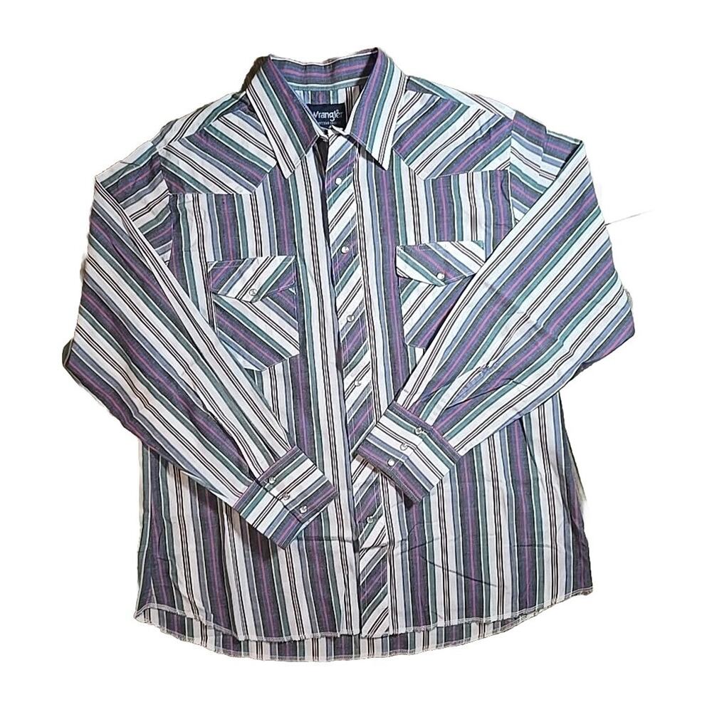 Vintage WRANGLER Men's Pearl Snap XL Tall Western Shirt White Striped Cowboy